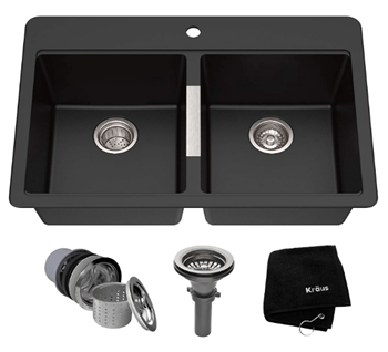 Kraus Quarza Kitchen Sink, 33-Inch Equal Bowls, Black Onyx Granite, KGD-433B