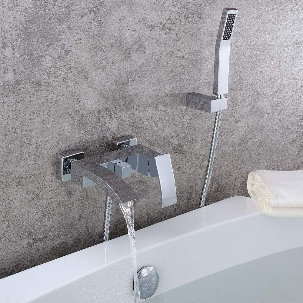 JinYuZe Modern Brass Waterfall Wall-Mount Bath Tub Filler Faucet with Handheld Shower Head