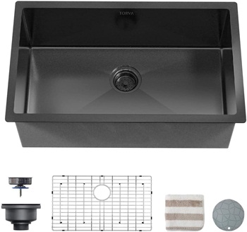 TORVA 32 x 19 Inch Gloss Black Ceramic Coating with NanoTek Undermount Kitchen Sink, 16 Gauge Stainless Steel Wet Bar or Prep Sinks Single Bowl, Black