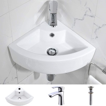 Bokaiya Small Wall Mount Corner Bathroom Sink and Faucet Combo with Overflow Triangle White Porcelain Ceramic Wall Mount Mini Vanity Space Bathroom sink, Brushed Nickel Faucet and Drain Combo