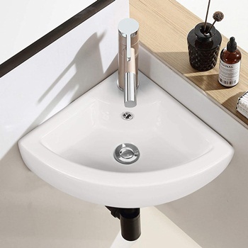 Tangkula Wall Mount Bathroom Vessel Vanity Sink Art Basin, Porcelain Ceramic Above Counter Corner Sink with Pop-up Drainer Single Faucet Hole and Overflow, Ideal for Home Bathroom, White