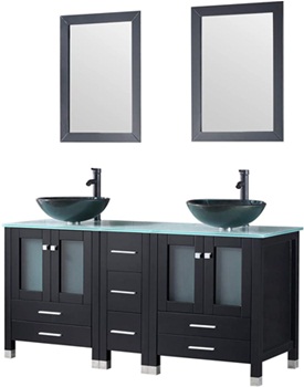 Walcut Black 60Inch Bathroom Vanity and Sink Combo Modren Cabinet Double Glass Vessel Sink and Faucet Combo with Pop Up Drain