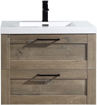 Bathroom Vanity Cosmo 30 Inches Eve - Includes Wall Mounted Cabinet with 2 Large Metal Drawers and White Countertop with Integrated Sink - Assembled Vanity by Flairwood Decor