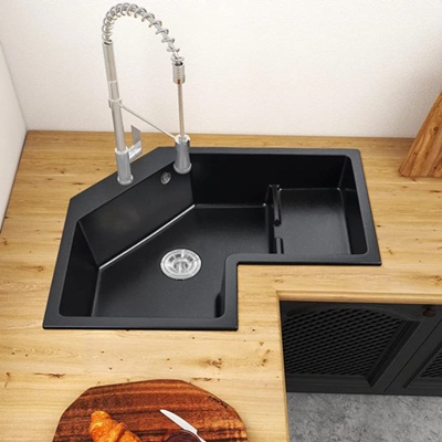 Lovedima Black Drop In Corner Kitchen Sink,32in Single Bowl Quartz Irregular Sink