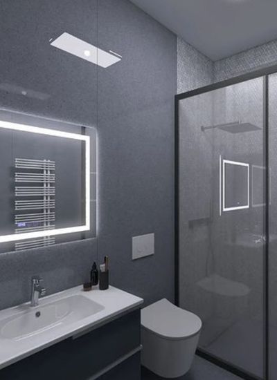 Glass Door Shower and LED Mirror Grey Minimalist Bathroom Ideas