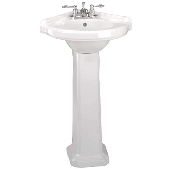 Portsmouth 22 Inch Corner Pedestal Bathroom Sink Small White - Overflow And Pre-Drilled 4 In. Centerset Faucet Holes - Grade A Porcelain Easy Clean And Install Renovators Supply Manufacturing