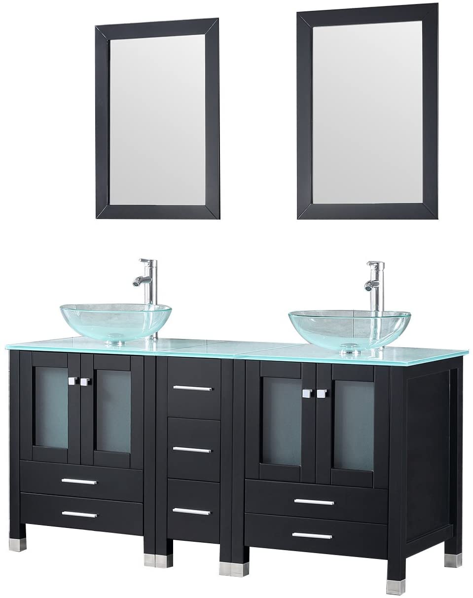 Walcut 60inch Bathroom Black Vanity with Sink Double Modern Cabinet Combo Large Storage Countertop Glass Vessel Sink with Faucet and and Pop Up Drain