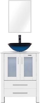 eclife 24in Bathroom Vanity Sink Combo White Cabinet Ocean Blue Square Tempered Glass Vessel Sink & 1.5 GPM Water Save ORB Faucet Solid Brass Pop Up Drain,with Mirror