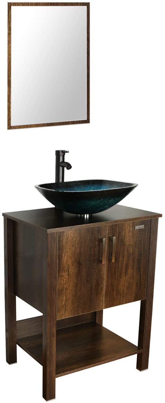 eclife 24inch’ Bathroom Vanity Sink Combo Brown Cabinet Vanity Turquoise Square Tempered Glass Vessel Sink