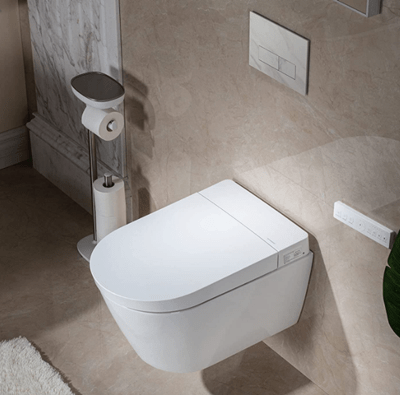 WOODBRIDGE Intelligent Compact Elongated Dual-flush wall hung toilet with Bidet Wash Function, Heated Seat & Dryer. Matching Concealed Tank system and White Marble Stone Slim Flush Plates Included.