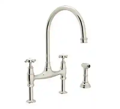 Rohl U.4718X-PN-2 Perrin and Rowe Deck Mount Bridge Kitchen Faucet with Sidespray with High C Spout and Cross Handles, Polished Nickel