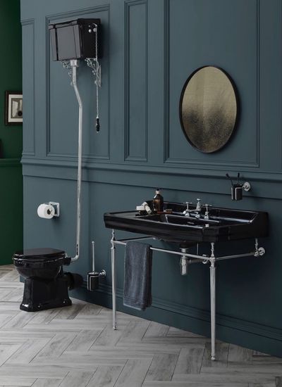 Black Floor Bathroom Ideas 6. Black Ceramic Sink and Toilet